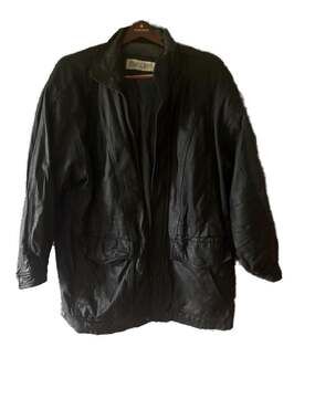 Joshua Ross Vintage Black Leather Mid-Length Jacket with Cinched Waist with flaw